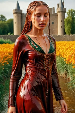 (wet clothes, wet hair, wet, wet face, wet skin,  : 1.4 ),(A photo of a young soaking wet woman wearing a traditional, elaborate wet gown with rich details and vibrant colors. The wet gown is a deep red color and is adorned with gold and dark green embroidery patterns. The wet woman has long, red-blonde wet hair styled in thick braids that drape over her shoulders. She is standing in a field of tall, golden flowers. The background contains a castle with tall, thin towers. The overall image has a soft, warm hue. Her hair, skin, and clothes are wet. She has shampoo on her hair and soap all over her body.
.
, soakingwetclothes, wet clothes, wet hair,photorealistic,georgian gown