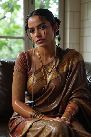 (wet clothes, wet hair, wet, wet face, wet skin, slimy hair , slimy saree, smily skin,wet slimed clothes cling to skin, slime shiny : 1.4 ) A soaking wet woman, adorned in traditional attire, sitting indoor amidst living room. She is wrapped in a very very wet soaked richly patterned, saree with intricate golden motifs. The saree has geometric designs, floral patterns, and other detailed artwork. The woman is also wearing a gold necklace, and her soaked hair is neatly tied up in a bun. Long sleeve . The background consists of trees and foliage, suggesting a serene and natural setting. Her hair skin clothes are wet . She has shampoo on her hair and soap all over her body. natural, volumetric lighting, 4K, RAW, masterpiece
 , , oil cascading clothes and skin, close-up portrait, white tiles background
.
, soakingwetclothes, wet clothes, wet hair, Visual Anime,art_booster,anime_screencap,fake_screenshot,anime coloring,Wet,covered in oil,covered in mud,wam,pouring oil,wetlook,pouring oil,Fetishwet