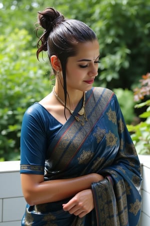 (wet clothes, wet hair, wet, wet face, wet skin, slimy hair , slimy shawl, smily skin,wet slimed clothes cling to skin, slime shiny : 1.4 ) A soaking wet woman, adorned in traditional attire, standing outdoors amidst greenery. She is wrapped in a very very wet soaked richly patterned, blue saree with intricate golden motifs. The saree has geometric designs, floral patterns, and other detailed artwork. The woman is also wearing a gold necklace, and her soaked hair is neatly tied up in a bun. The background consists of trees and foliage, suggesting a serene and natural setting. Her hair skin clothes are wet . She has shampoo on her hair and soap all over her body. natural, volumetric lighting, 4K, RAW, masterpiece
 , , oil cascading clothes and skin, close-up portrait, white tiles background
.
, soakingwetclothes, wet clothes, wet hair, Visual Anime,art_booster,anime_screencap,fake_screenshot,anime coloring,Wet,covered in oil,covered in mud,wam,pouring oil,wetlook,pouring oil,Fetishwet