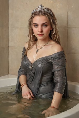 An exquisite masterpiece by Greg Rutkowski: a stunning wet anime female donning a medieval noble smile standing amidst an opulent bathroom setting. Soft, wet hair cascades down her wet porcelain skin as she gazes up at the camera, wet shawl wrapped elegantly around her shoulders. White tiles glisten beneath her, reflecting the subtle play of watercolor hues on her wet Victorian ballgown-clad form. Intricate details abound: delicate jewelry sparkles against her soaking-wet skin, while a tiara adorns her regal coiffure. The scene is bathed in warm, golden light, with the subject's face focused as she basks in the serenity of this majestic moment.,soakingwetclothes, ((heavy rain, beautiful faces, soakingwetclothes, saree, shawl,  wet clothes, wet hair, wet skin, tiara, jewelry, clothes cling to skin, bracelet, necklace, watch, submerged in tub:1.3)),Pakistani dress