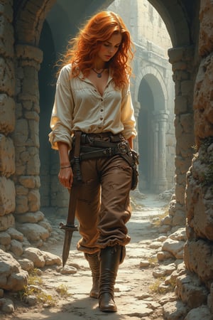 Luis Royo and Milo Manara detailed illustration, side view of a full body of a gorgeous short voluptuous ginger woman walking cautiously through crumbling sinister dungeon temple ready to strike, detailed background, fairytale, masterpiece, realistic, freckled, torn and dirty clothing, (White medieval buttoned up blouse, medieval brown tight worn leather trousers, medieval light leather mid calf fitted boots), simple short dagger, sunrays, dust, 