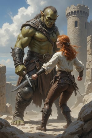 A detailed masterpiece illustration by Luis Royo and Milo Manara, 
Short gabbiecar with ginger hair fighting against a tall muscular orc warrior, orc wielding a cleaver,
medieval fantasy, white medieval blouse, brown leather trousers, woman wielding a dagger,
sinister round tower, orc castle, ruins, 