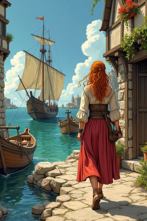 (detailed comic llustration by Luis Royo and Milo Manara:1.1), 
Short beautiful thick freckled ginger peasant woman walking through the medieval village sea port,
, medieval fantasy setting, masterpiece, poor peasants knee-length dress, beautiful freckled face, boats, tall ship, tavern,
people doing their work,