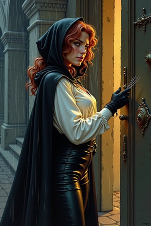 A detailed illustration by Milo Manara and Luis Royo, 
pretty short female ginger thief picking a lock to a posh mansion on a rainy night,
, medieval fantasy setting, masterpiece, freckled, voluptuous, white blouse,  dark leather trousers, black hooded cape,  holding lockpicks,