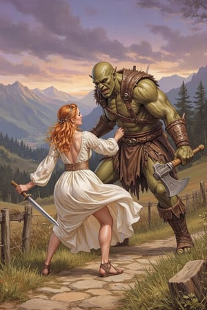 A detailed masterpiece illustration by Luis Royo, 
gabbiecar with ginger hair fighting with a tall muscular orc warrior, orc wielding an axe,
medieval fantasy, white medieval wench dress, laced up sandals, woman wielding a dagger,
Outside, mountains pathway, dusk,