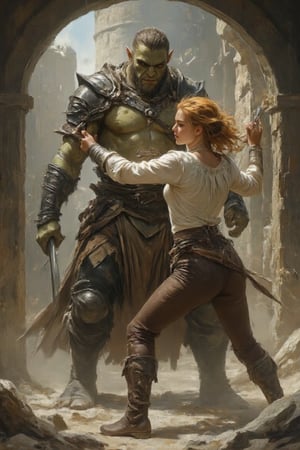 A detailed masterpiece illustration by Luis Royo and Milo Manara, 
Short gabbiecar with ginger hair fighting against a tall muscular orc warrior, orc wielding a cleaver,
medieval fantasy, white medieval blouse, brown leather trousers, woman wielding a dagger,
sinister round tower, orc castle, ruins, 