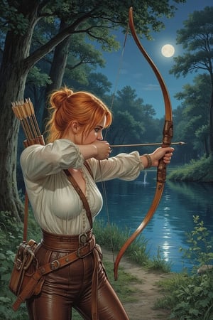 A detailed masterpiece illustration by Luis Royo and Milo Manara, side view,
Short gabbiecar with ginger hair aiming bow at a distant brigand over the pond at night, moonglow,
medieval fantasy, white medieval blouse and tight brown leather trousers, quiver with arrows
Outside, woods, steam, narrow pathway, night, dark, pond,