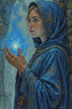  Luis Royo and Milo Manara detailed pastel illustration, Side view of a gorgeous priestess in blue robes carrying a blue glowing orb, blue mist, detailed background, fairytale, masterpiece, realistic, freckled, blue eyes