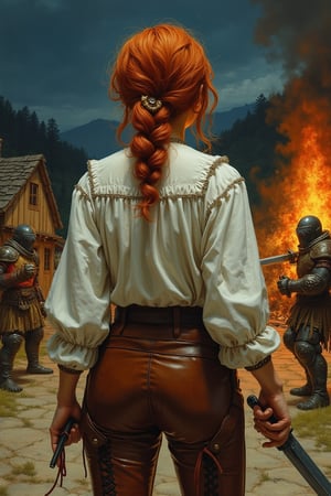 A detailed masterpiece painting by Milo Manara and Luis Royo seen from the back,,
Short beautiful freckled ginger adventuress wielding a dagger fighting against the orc berserker in a small medieval village at night, 
medieval fantasy setting, masterpiece, white buttoned blouse, brown leather laced trousers,
Burning village, hills, pillage, orc raid, bloody,