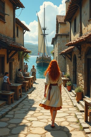 (detailed comic llustration by Luis Royo and Milo Manara:1.1), 
Short beautiful thick freckled ginger peasant woman walking through the medieval village sea port,
, medieval fantasy setting, masterpiece, poor peasants knee-length dress, beautiful freckled face, boats, tall ship, tavern,
people doing their work,