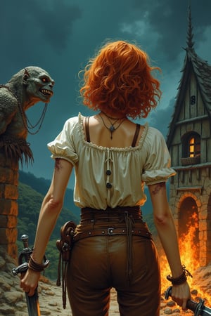 A detailed masterpiece painting by Milo Manara and Luis Royo seen from the back,,
Short beautiful freckled ginger adventuress wielding a dagger fighting against the orc berserker in a small medieval village at night, 
medieval fantasy setting, masterpiece, white buttoned blouse, brown leather laced trousers,
Burning village, hills, pillage, orc raid, bloody,