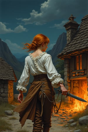 A detailed masterpiece painting by Milo Manara and Luis Royo seen from the back,,
Short beautiful freckled ginger adventuress wielding a dagger fighting against the orc berserker in a small medieval village at night, 
medieval fantasy setting, masterpiece, white buttoned blouse, brown leather laced trousers,
Burning village, hills, pillage, orc raid, bloody,