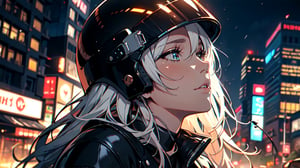 super realistic close-up black eye, nomad motorcycle boy, vibrant, digital art, soft pale skin, long eyelids, looking up, soft and warm lightning, open biker's helmet, white and dark neon light from side in night, city background, Miki Asai Macro photography, hyper detailed, trending on artstation, sharp focus, studio photo, intricate details, highly detailed, by greg rutkowski