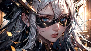 hyper realistic close-up blindfolded sword saintess, , godess grace , fantasy, digital art, soft white skin, white blindfold on the eyes, golden glowing eyes behind silk blindfold, holy aura, unreal engine 5, detailed accessories, mystical, soft and warm lightning, white hair and eyebrows, Golden daylight, church background, 8k, golden glitter, Miki Asai Macro photography, hyper detailed, trending on artstation, studio photo, intricate details, highly detailed, by greg rutkowski