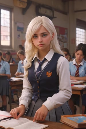 photo real, masterpiece, best quality, ultra realistic, beatifull girl, uniform, school girl,badgirl, white hair, blonde,  in the class, lighting, clothed like a traveling merchant, ColorART, simple, minimalistic,aw0k euphoric style, HD, 4k