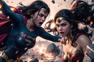 8k, best quality, real picture, intricate details, ultra-detailed, ultra highres, depth field,(photorealistic,realistic:1.2),masterpiece,
2girls supergirl fighting wonder woman.

Characters:
(2girls supergirl, young european girl on the left side, Melissa Benoist as supergirl,, facing to the right toward wonder woman, flying, superhero, wears red cape, red skirt,  (((no tiara, no headband, no crown, no circlet, no headgear))), bright blonde hair, ((blonde)), bright blue eyes, making eye contact, looking at wonder woman, normal forehead, face closeup, supergirl screaming, supergirl wears gold belt, closeup half body, perfecteyes, eye contact, palms closed, palms punching, making fists,, fists punching, left hand punching ),
(2girls wonder woman, young greek girl on the upper right side, Audrey Hepburn as Wonder Woman, highly detailed beautiful face, long delicated black hair, bright blue eyes, face closeup,  screaming in pain, (pain expressions:1.5), impressive strong, making fists, right hand blocking supergirl's left hand, wonder woman screaming, close-up upper body, perfecteyes).

Background:
sun, blue sky,best quality, (intricate details:1.2), (delicate detailed), (cinematic light), clear line, sharp focus, unity 8k wallpaper, ultra high res, (photorealistic:1.4), 
r1ge, abandoned goddess Athena destroyed greek temple location, earthquake effect, debris rocks floating, fire, yellow aura on 2girls, supergirl's palm on fire,