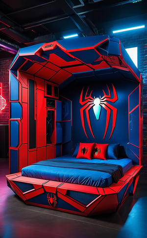 A cyberpunk-inspired X-Box bed with Spider-Man logo