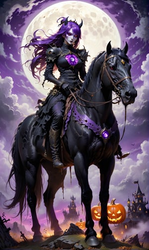 Make a chilling Halloween scene: the evil Dullahan, dressed in tattered black, rides atop an imposing black horse, its eyes glowing with an exterminating purple light. The Dullahan is holding his head and exuding evil under a moonlit sky!