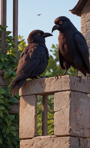 Evening, village, a black raven (left) and a caged canary (right) face each other in conversation.