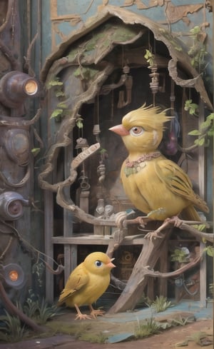 Old beautiful village, cartoon, a canary in a cage outside the window, stylized, clear focus, cartoon photo, intricate details, highly detailed,