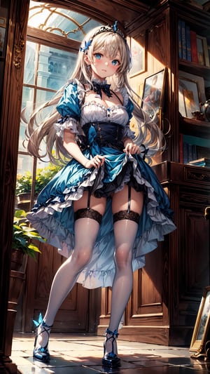 (best quality, masterpiece, illustration, designer, lighting), (extremely detailed CG 8k wallpaper unit), (detailed and expressive eyes), detailed particles, beautiful lighting, a cute girl, long blonde hair, wearing a teddy bear tiara, donning a beautiful blue and white dress with ruffles and lace, sheer pink stockings, transparent aquamarine crystal shoes, bows around her waist (Alice in Wonderland), butterflies around, (Pixiv anime style), (Wit studios),(manga style), 