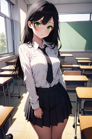 masterpiece, best quality, 1girl, green eyes, long hair, black hair, school_uniform, short skirt, looking at viewer, NicoRobinV3, class_room, 