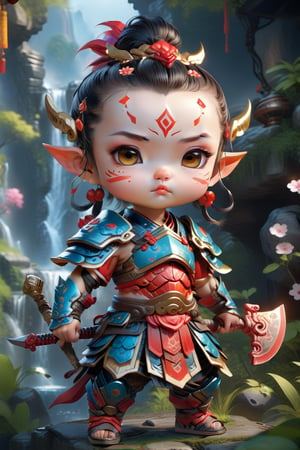 Nezha,Create an adorable and super realistic 4K Ultra HDR image of a cute chibi-style warrior. This masterpiece should portray a character that's both super cute and incredibly detailed, offering a delightful blend of charm and high-quality artistic realism.