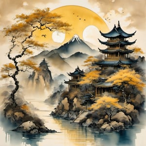 ink scenery, tree, scenery, architecture, mountain, bird, east asian architecture, sun,golden theme, muted color, ink art 