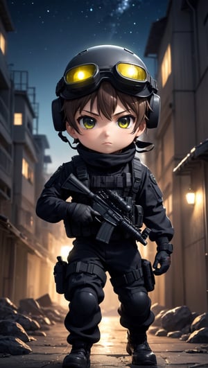 anime, chibi, commercial portrait, hdr, full body,

1man,
black special forces attire,
night vision goggles,
nighttime operation,
dynamic pose, action shot