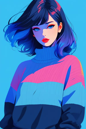 shadow flat vector art,illustrator,anime,realistic,sketch,1girl,lip,Sweater,order,Blue gradient background,Neon hair,Textured crop