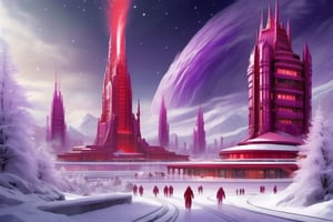 holiday wind,science fiction,snow,red and green,christmas,golden castle,elves, purple xmas trees, twinkling lights on building