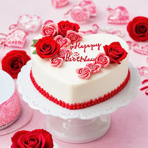 fancy white cake, heart shaped dessert, red gel happy birthday, pink candy roses, mini rose decorations, a piece and whole