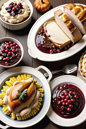 Thanksgiving Dinner, ((turkey, mashed potato, gravy, cranberry sauce, corn, bread, pumpkin pie)), (masterpiece, best quality:1.5)