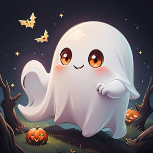 ((masterpiece,best quality)), absurdres,, Cute_Ghost, no humans, solo, ghost, floating, halloween, pokemon (creature), cute, solo, smiling, looking at viewer,orange theme, graveyard in background, 