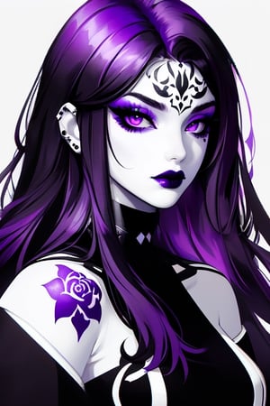 A closeup portrait of a woman with white long hair, wearing a black shirt, purple lipstick and purple eye shadow, tattoo on her neck, black and white, digital art ,wo_g0rg301