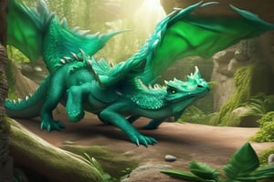 cute chibi, baby dragon, realistic dragon in a cave, (masterpiece),  best quality, highres, 4k, 8k, Detailed Illustration, intricate detail, cinematic lighting, amazing quality, emerald green scales, amazing shading, soft lighting, facing camera, perfect eyes