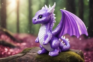 baby dragon, cute chibi dragon, purple glitter scales, white forest dragon, forest background