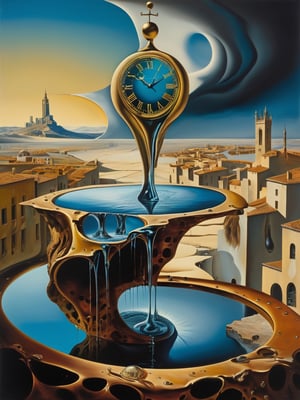 Create a surreal landscape in the style of Salvador Dali, featuring a melting clock draped over a distorted and dreamlike cityscape. Use a rich, deep color palette with surreal lighting effects. Convey a sense of timelessness and disorientation in the composition. Refer to Dali’s ‘The Persistence of Memory’ for inspiration. 8k, UHD, 