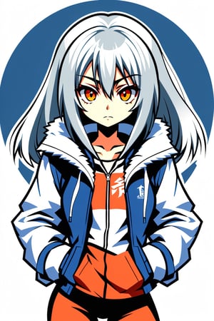 1girl, woman, anime, angry, (makeup:1.3),(winter jacket:1), bombshell hair, silver hair, toned body, athletic build, narrow waist, wide hips, medium breasts, chinese