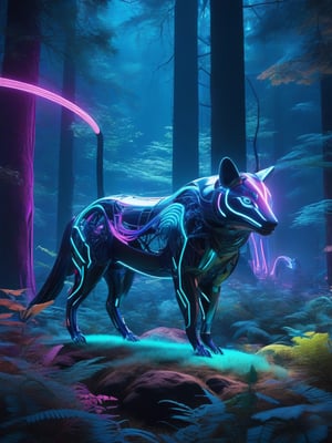 Generate a tensor art piece that combines elements of nature and technology. Show a serene forest scene with futuristic, neon-colored animals seamlessly integrated into the environment. The art should evoke a sense of harmony between the organic and the artificial. Use a color palette dominated by deep blues and vibrant neon shades. 8k, UHD, realistic 