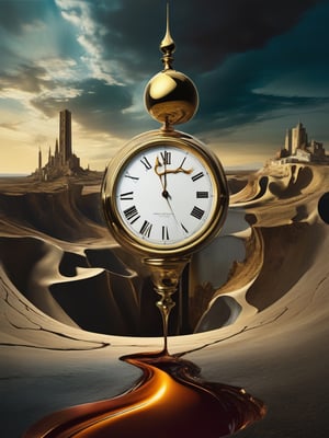 Create a surreal landscape in the style of Salvador Dali, featuring a melting clock draped over a distorted and dreamlike cityscape. Use a rich, deep color palette with surreal lighting effects. Convey a sense of timelessness and disorientation in the composition. Refer to Dali’s ‘The Persistence of Memory’ for inspiration. 8k, UHD, 