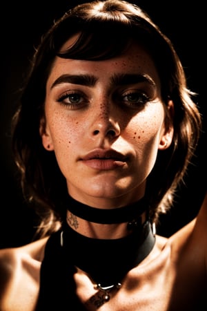 NSFW photo, rule of thirds, dramatic lighting, medium hair, detailed face, detailed nose, freckles, collar or choker, smirk, tattoo, intricate background, realism, realistic, raw, analog, woman, nude, portrait, photorealistic