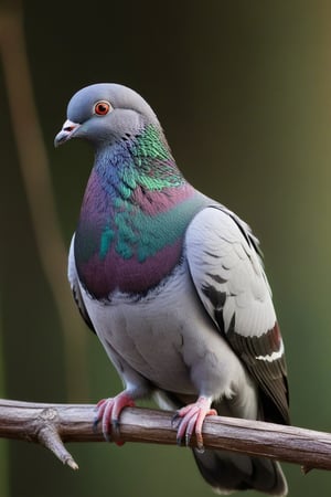 A pigeon sitting on a branch, dark gray, green and wine red feathers, looks beautiful and aesthetic, real picture,Extremely Realistic