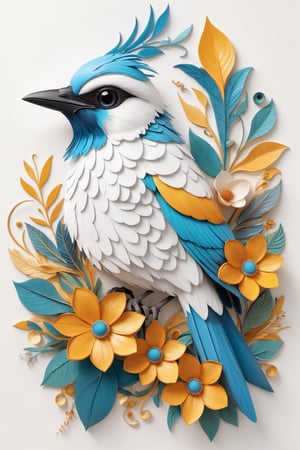 Draw a picture of an eye-catching bird and blend it with the perfect balance between art and nature, combining elements such as flowers, leaves, and other natural motifs to create unique and intricate designs with symmetry, perfect_symmetry, Leonardo style, ghost style, line_art, 3D style, white background