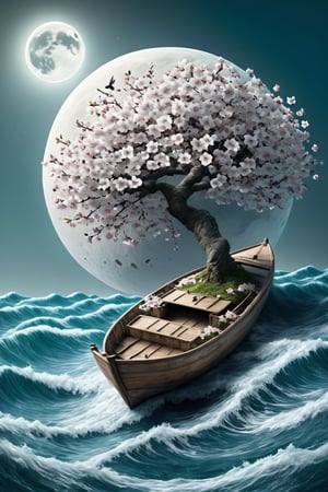 flower, sky, water, tree, petals, no humans, cherry blossoms, scenery, branch, watercraft, waves, boat,Extremely Realistic,moonster