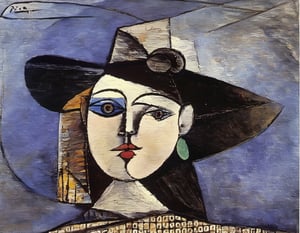 p1c4ss0, water color portrait cubism painting of a lady wearing a hat, 1936 Marie-ThВrКse Walter au chapeau style