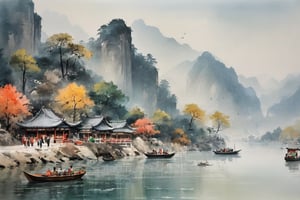 A literati, low saturation colors, hazy, landscape, ink, Chinese ink painting, painting, Chinese ink painting, painting, colorful maple trees, cliffs, ferries and rowers on the river