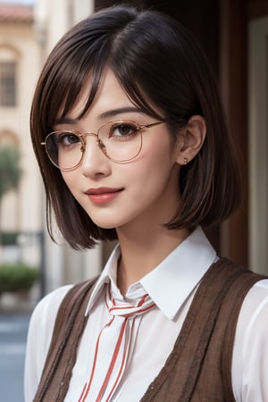 masterpiece, best quality, photorealistic, raw photo, 1girl, mature supermodel face, blush, bob hair, toned, proportional body, asymmetrical bangs, ornate vest and collared shirt, elegant glasses, dynamic pose, pretty smile, moist brown skin, natural skin, pores, at mediteranian style building.