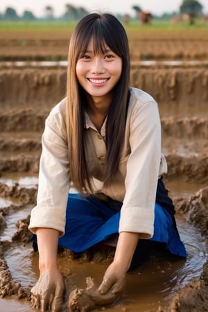 1lady with long straight hair, asymmetrical bangs, pretty face, smiling, in simple villagers cloth while working on the mud at rice field during sunset. cowboy view.
