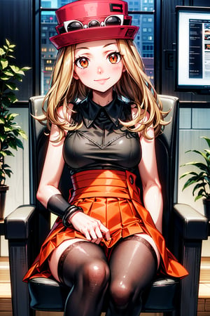 (1girl), serena, (adult), medium breasts, blonde_hair, (long_hair), hat, sunglasses, solo, bracelet, (shirt), collared shirt, (sleeveless), skirt, (high-waist skirt), pleated skirt, (beautiful_hands), (perfect_hands), (black stockings), (handbag), sitting, (sitting_in_chair), (waiting), (smile), (facing_viewer), (facing_forward), BREAK  (night), (team flare), (team flare office), (recruitment poster), (orange room), armchair, (potted plant), (depth of field, best quality, masterpiece, intricate details, high res, official art, more detail, masterpiece, best quality, highres, More Detail, 